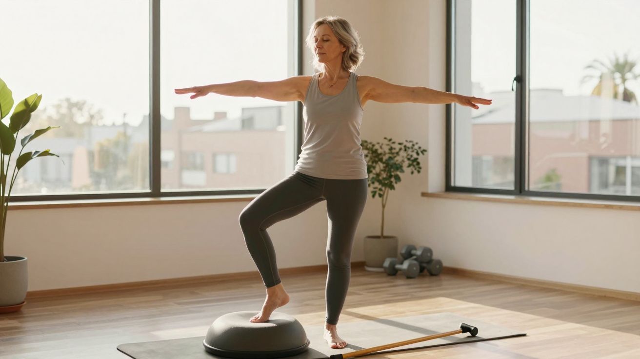 Mulher a praticar equilíbrio em equipamento fitness numa sala iluminada com plantas e halteres.