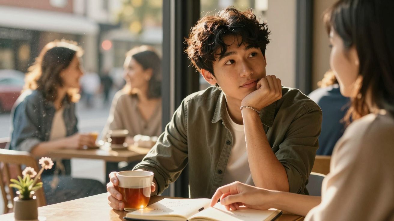 Jovem rapaz a segurar uma chávena de chá enquanto conversa com uma pessoa num café iluminado pela luz natural.