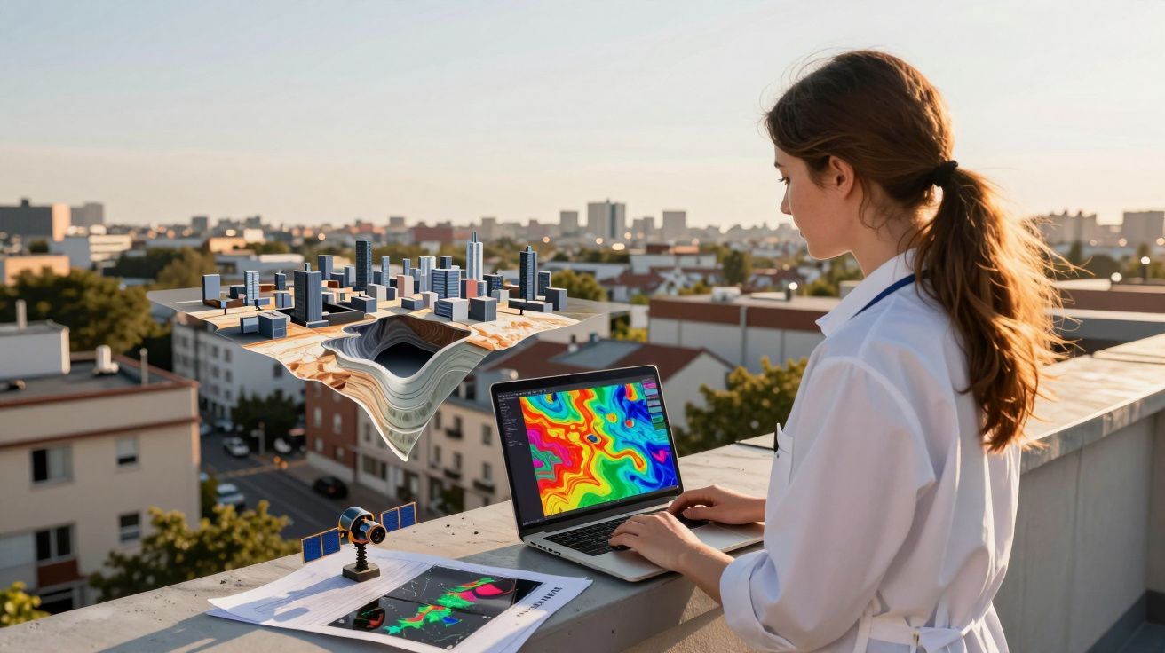 Mulher a analisar dados geográficos coloridos num portátil com modelo urbano 3D flutuante numa cidade.