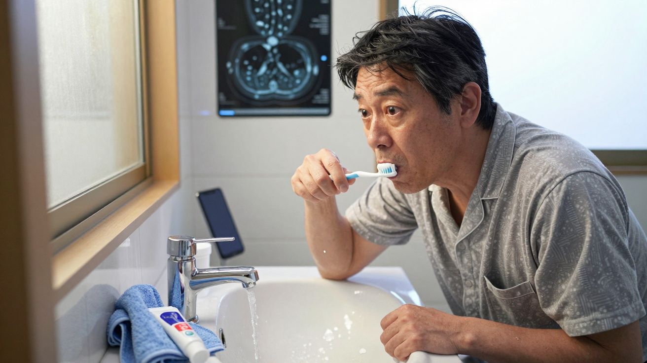 Homem adulto a escovar os dentes no lavatório, num espaço de casa-de-banho moderno e iluminado.