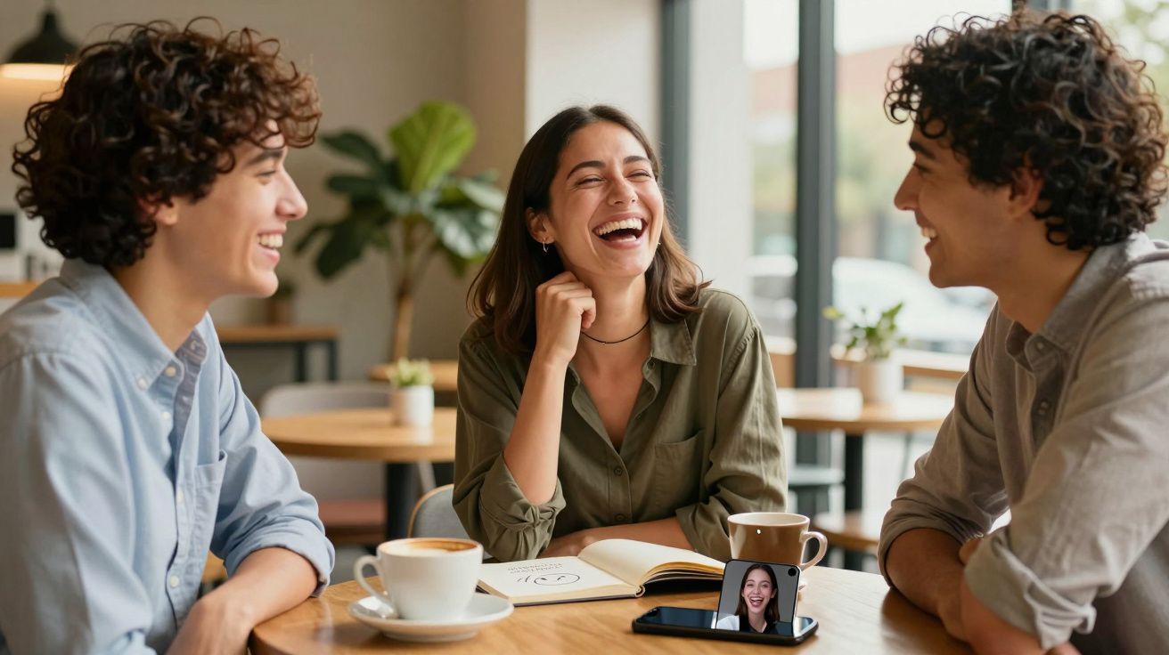Três jovens sentados à mesa num café sorrindo durante uma videochamada num smartphone sobre a mesa.