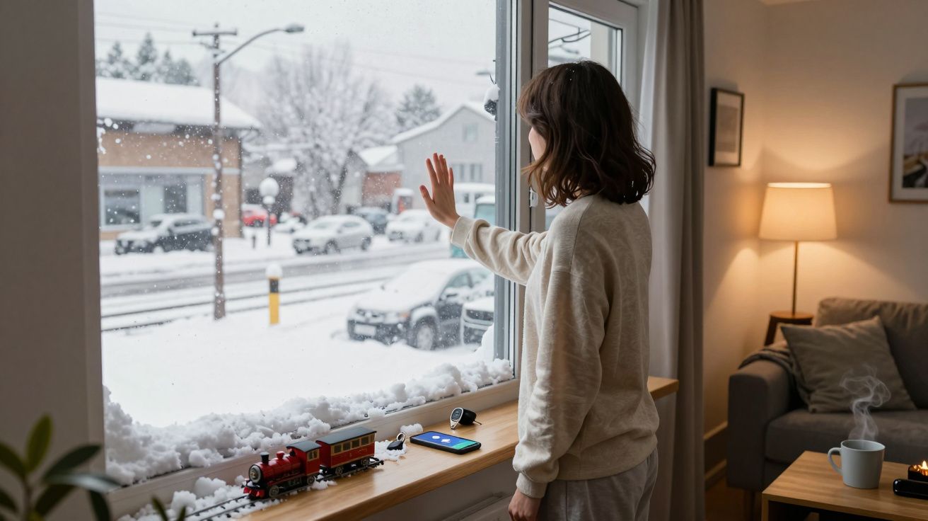 Mulher com pijama observa a neve do lado de fora através de uma janela em sala acolhedora com brinquedo e chá.