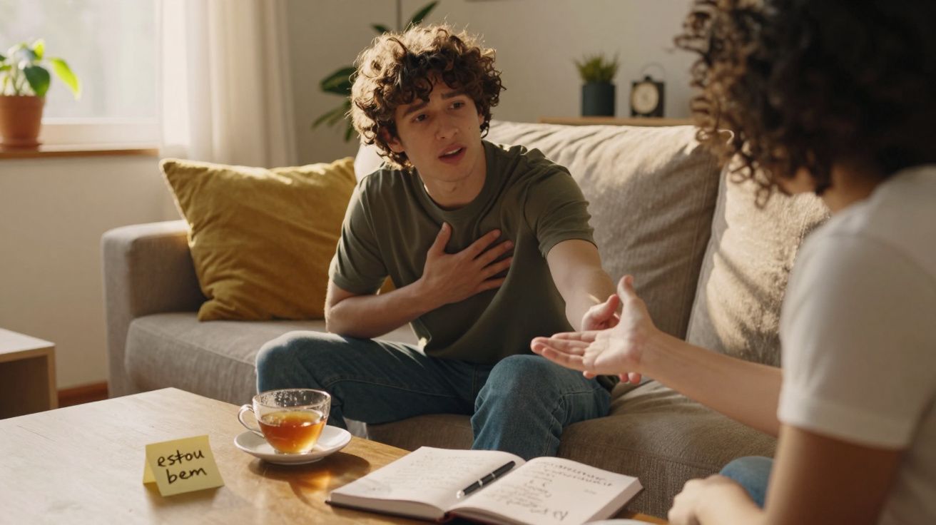 Jovem sentado no sofá a conversar com outra pessoa, com chá e caderno na mesa, e um post-it "estou bem".