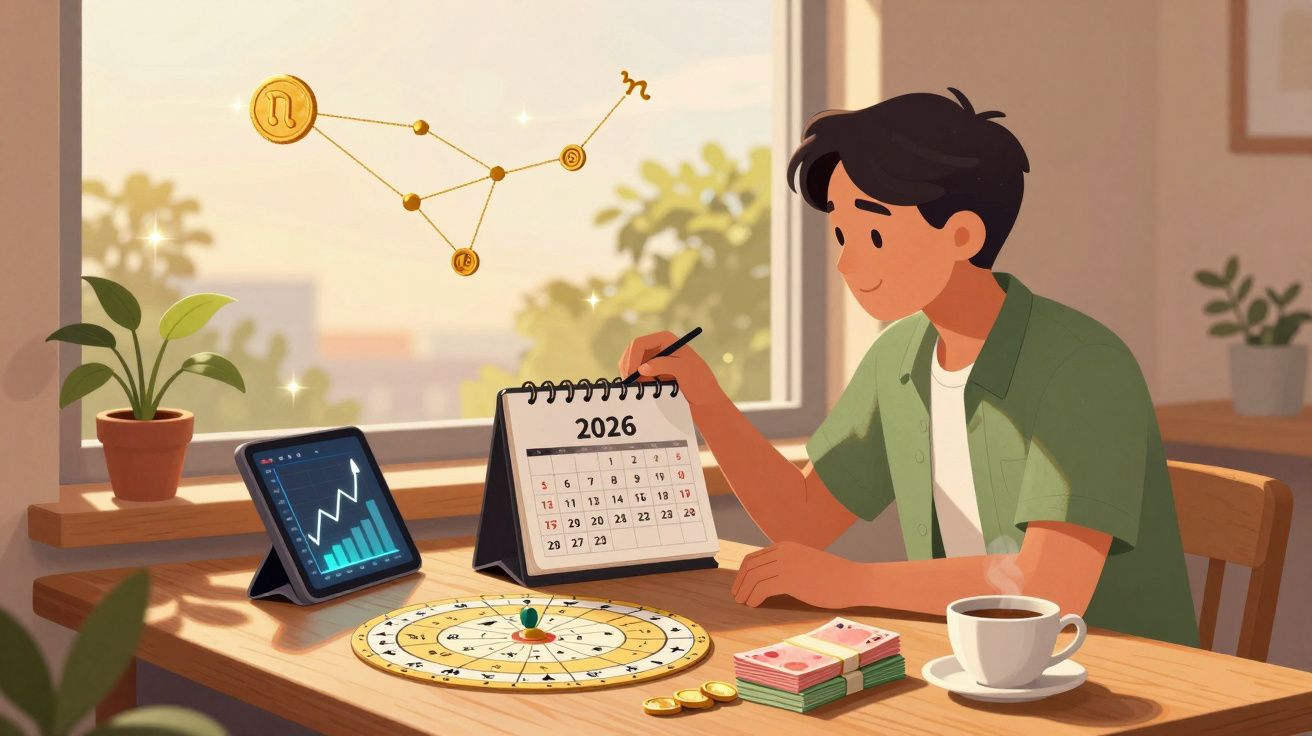 Pessoa a analisar calendário de 2026 com gráficos, signos e dinheiro numa mesa iluminada pela janela.
