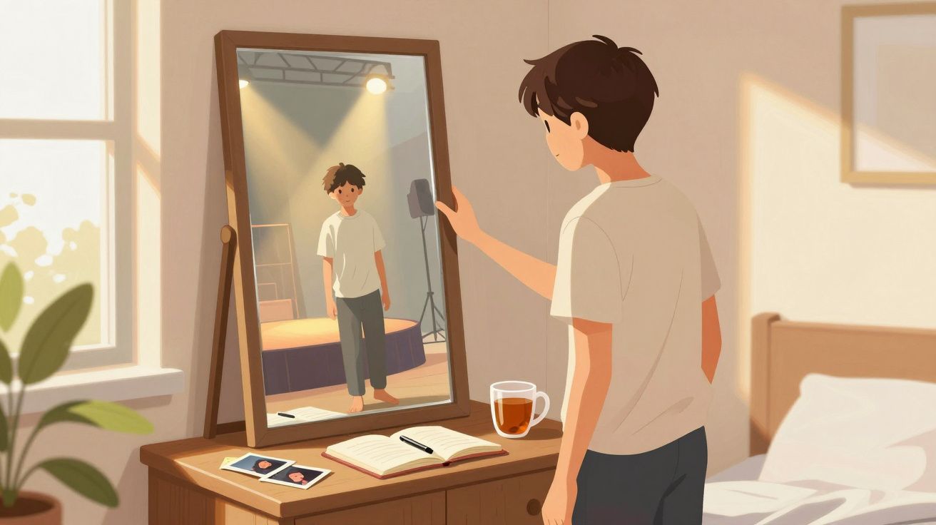 Jovem de camisola branca olha para o espelho em quarto iluminado, com mesa, chá e fotografias.