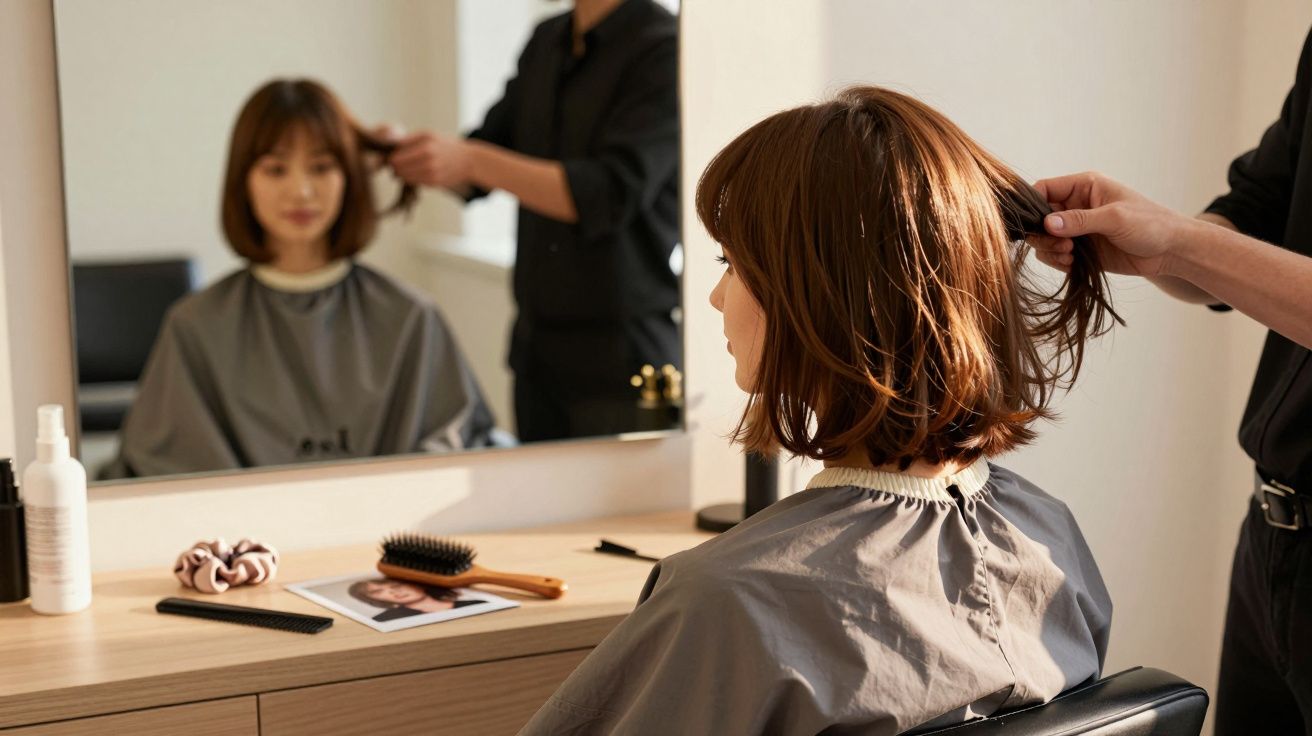 Mulher com capa de cabeleireiro sentada de frente para espelho enquanto penteiam o cabelo castanho curto dela.