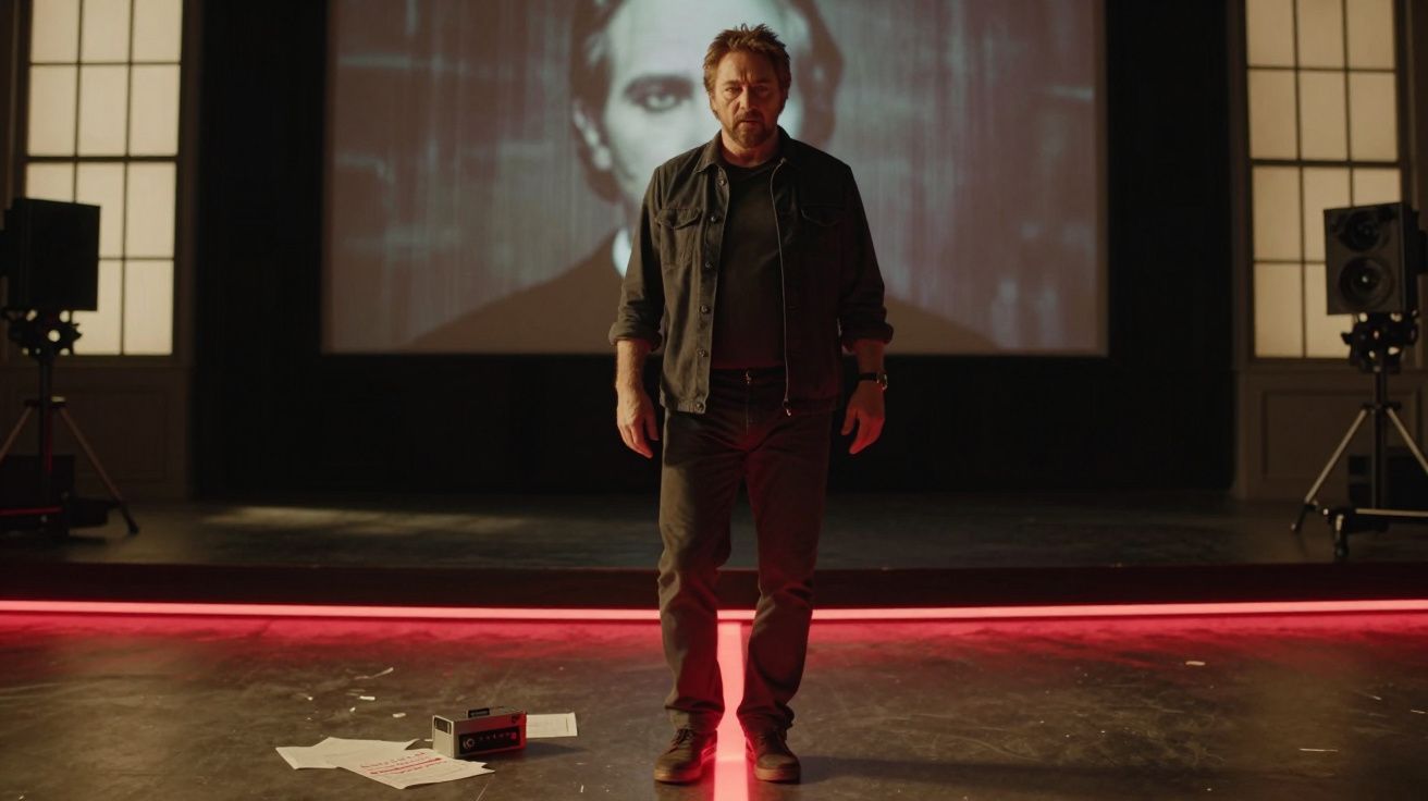 Homem de pé em palco com microfone headset, frente a ecrã com rosto masculino projectado ao fundo.