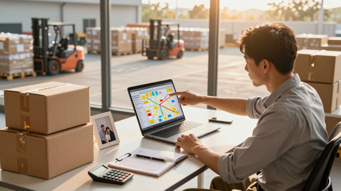 Homem a trabalhar com mapa de logística num portátil numa mesa com caixas e material de escritório, armazém ao fundo.