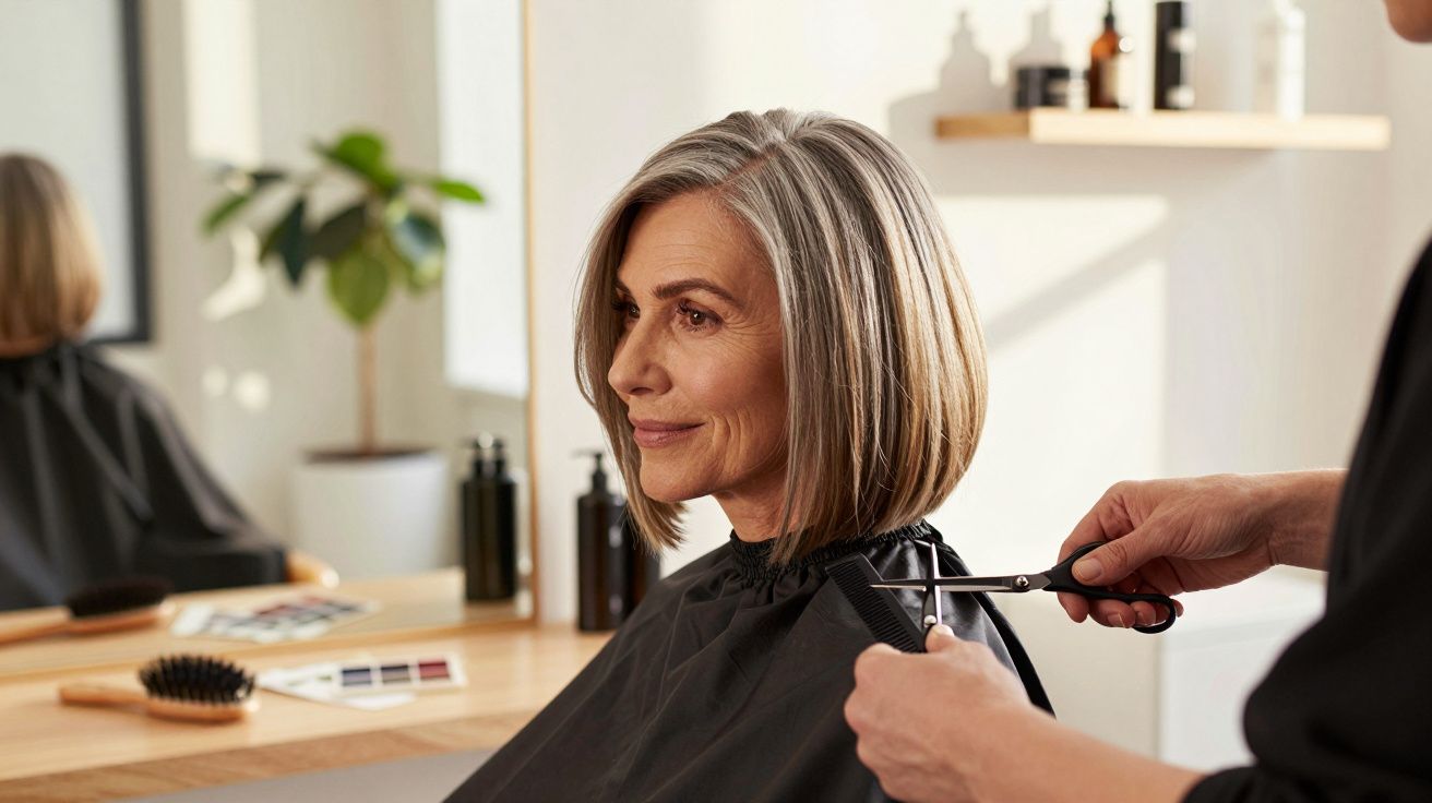 Mulher de cabelo curto a ser cortado por cabeleireiro num salão de beleza moderno e iluminado.