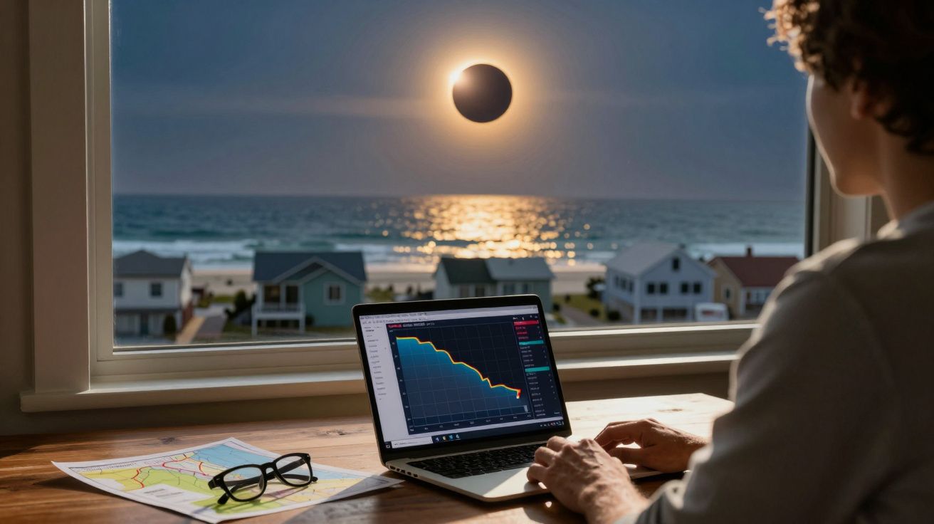 Pessoa a trabalhar num computador portátil com gráfico a decrescer, enquanto observa um eclipse solar pela janela frente ao m