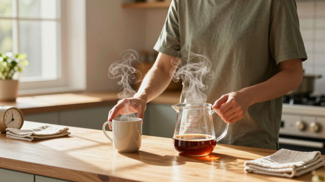 Pessoa a servir café quente numa chávena num ambiente de cozinha iluminado pela luz natural.