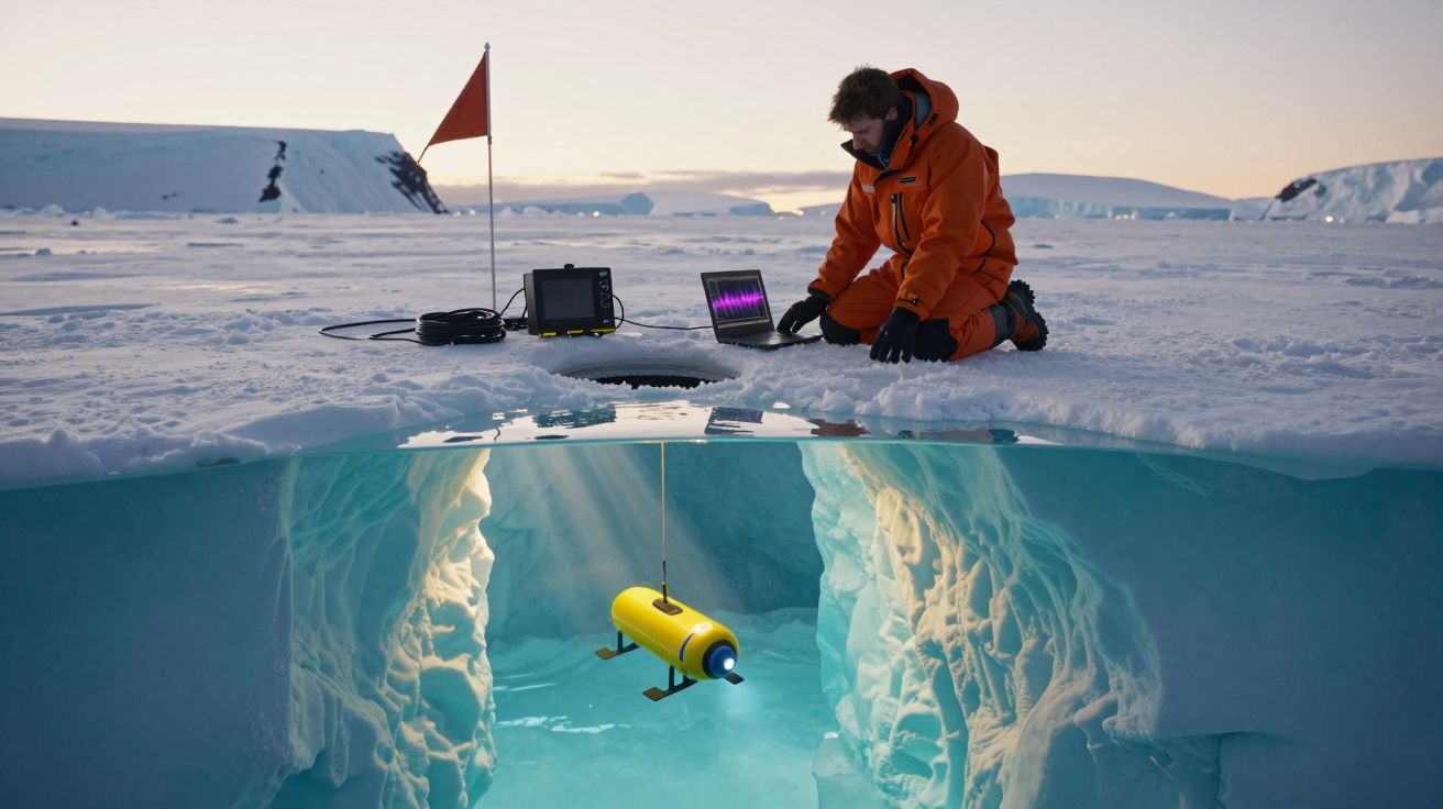 Cientista em roupa de inverno opera equipamento na superfície gelada enquanto robot amarelo explora caverna subaquática.