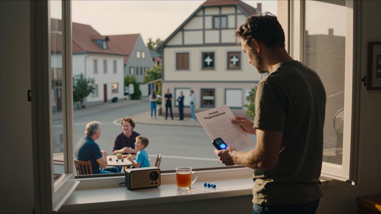 Homem verifica documento e aparelho auditivo junto a janela, com pessoas a conversar na rua em fundo.