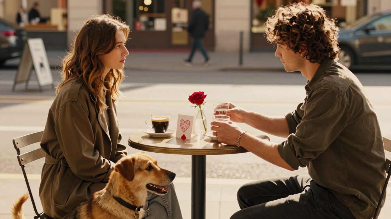 Casal sentado numa esplanada com um cão, uma rosa vermelha e café na mesa numa tarde ensolarada.