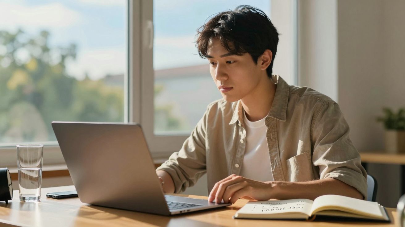 Jovem concentrado a trabalhar num portátil junto a uma janela com luz natural, com caderno aberto à frente.