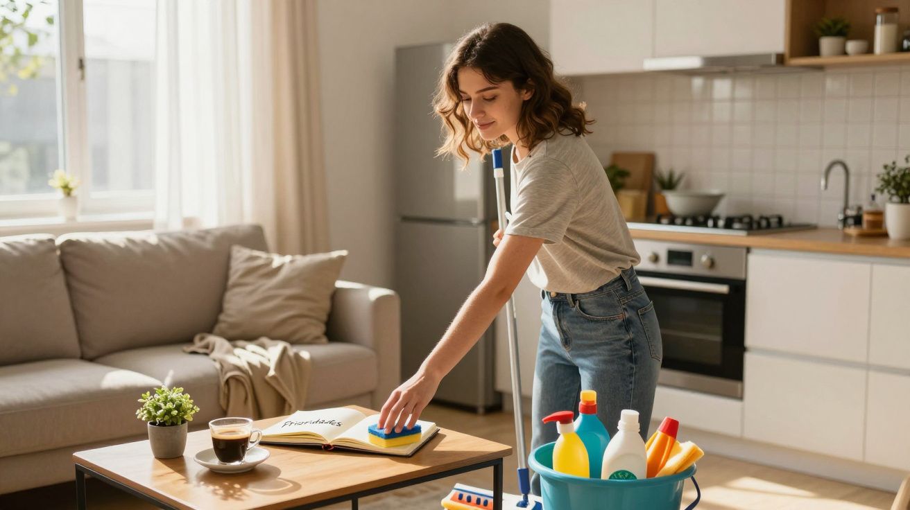Mulher jovem a limpar a mesa da sala com esponja, rodeada de produtos de limpeza e utensílios domésticos.