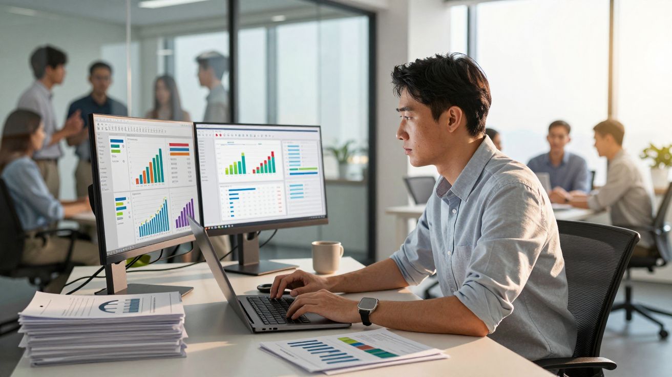 Homem a trabalhar com gráficos e dados em dois ecrãs de computador num escritório moderno com colegas ao fundo.