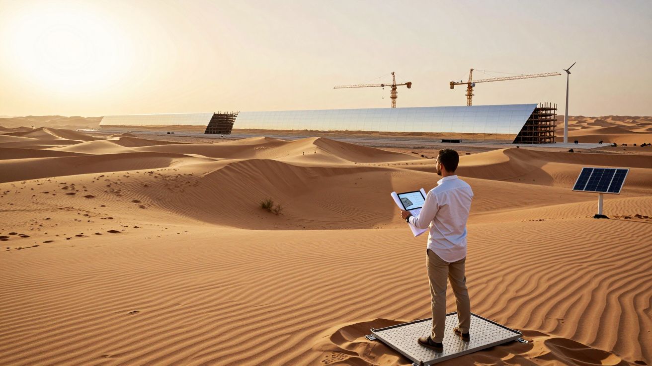 Homem com computador portátil numa área desértica próxima a painéis solares e turbina eólica.