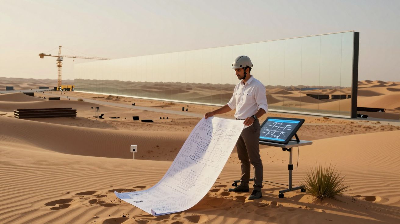 Engenheiro com capacete analisa planta numa obra no deserto com espelho e torre de construção ao fundo.