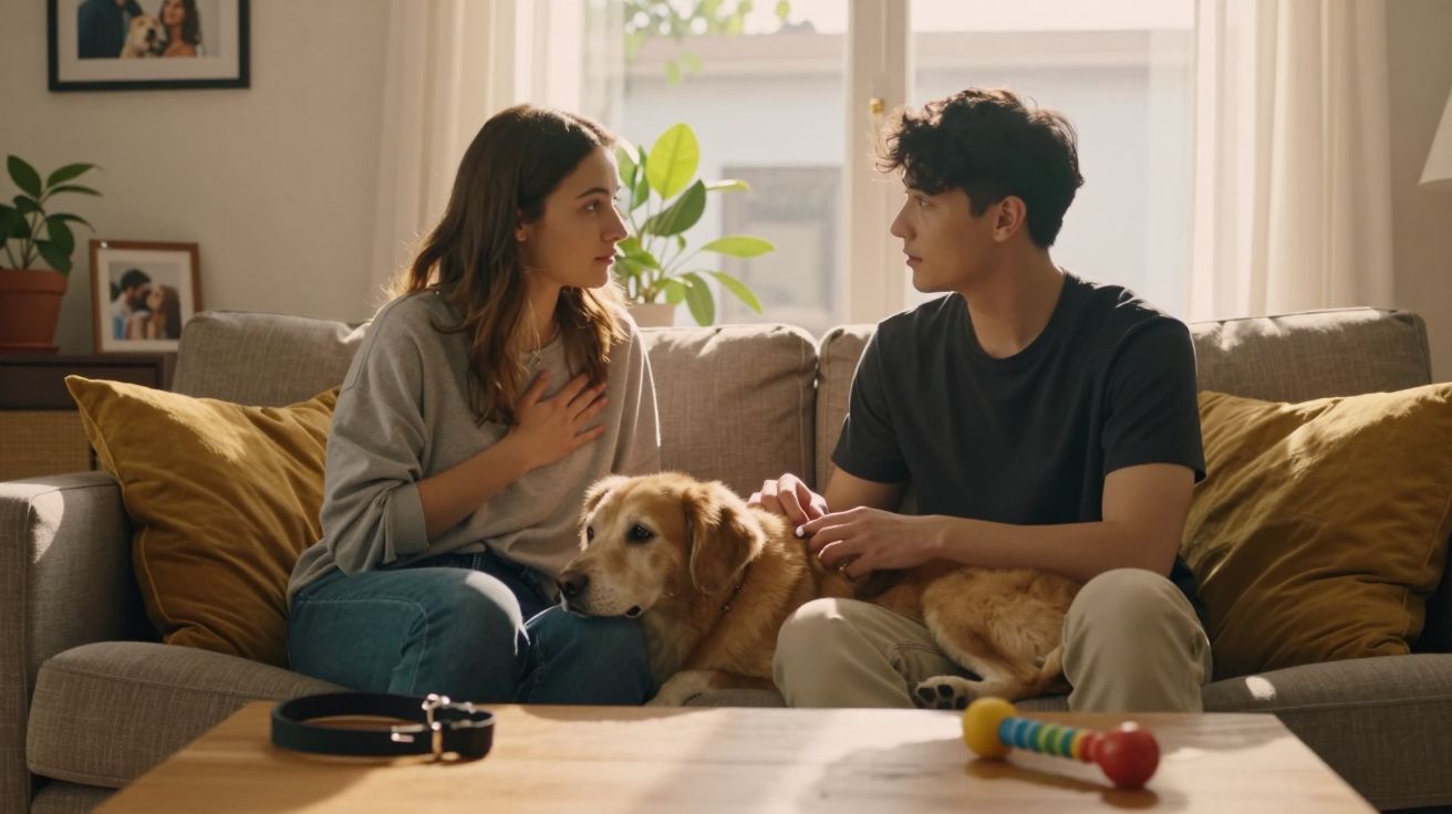 Casal sentado no sofá com um cão entre eles, conversando num ambiente acolhedor e iluminado.