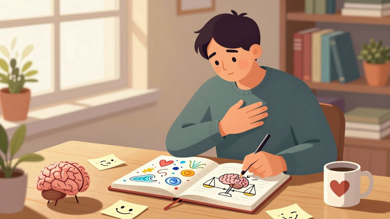 Pessoa a desenhar um cérebro num caderno, com post-its e caneca com coração numa mesa iluminada pela janela.