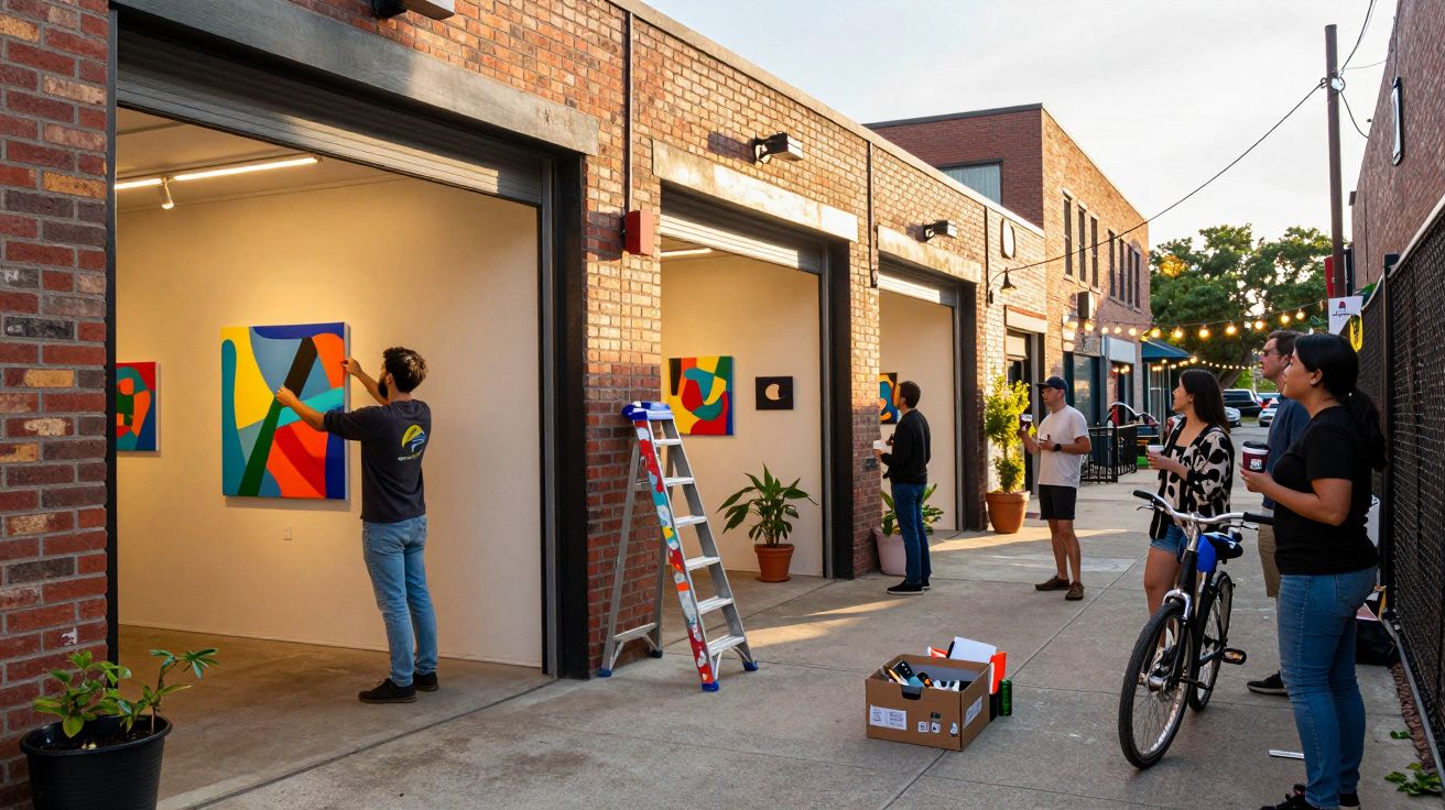 Exposição de arte em galeria ao ar livre com pessoas a observar quadros coloridos em pátio urbano.
