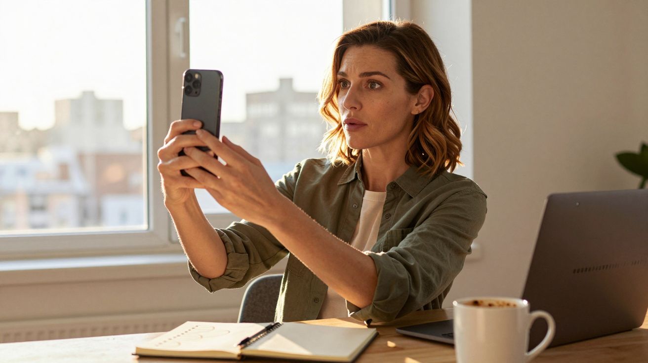 Mulher sentada à mesa a tirar selfie com telemóvel, com caderno aberto e computador portátil à frente.