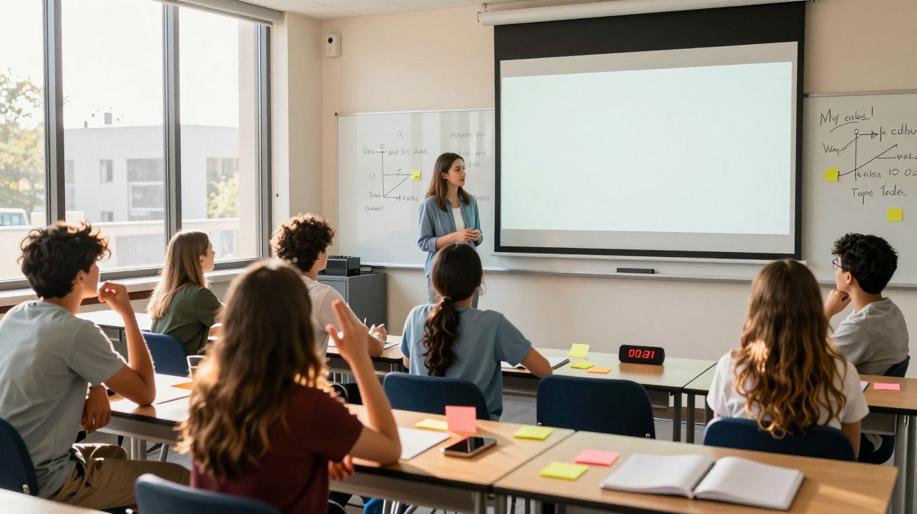 Sala de aula com professora a apresentar e alunos atentos sentados em carteiras com cadernos e notas coladas.