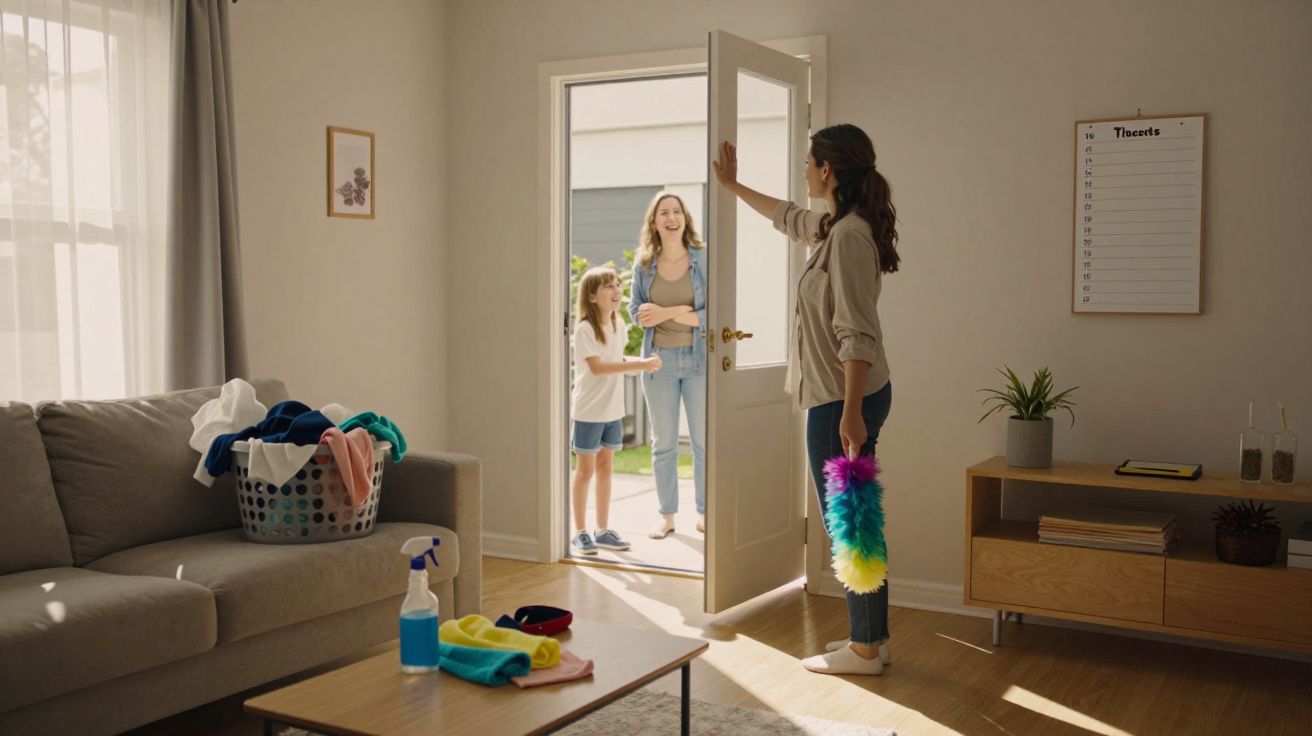 Mulher com espanador recebe visita de criança e outra mulher num ambiente doméstico acolhedor.