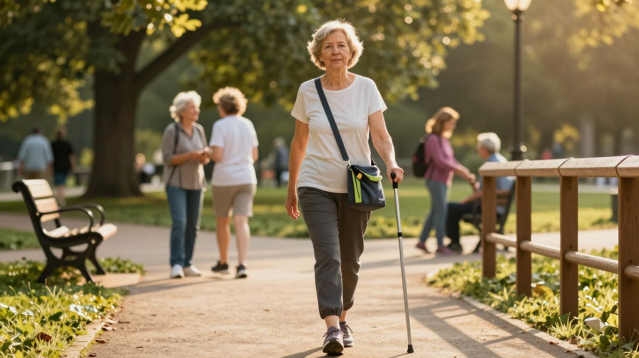 Mulher idosa a caminhar com bengala num parque durante o dia, rodeada por outras pessoas.