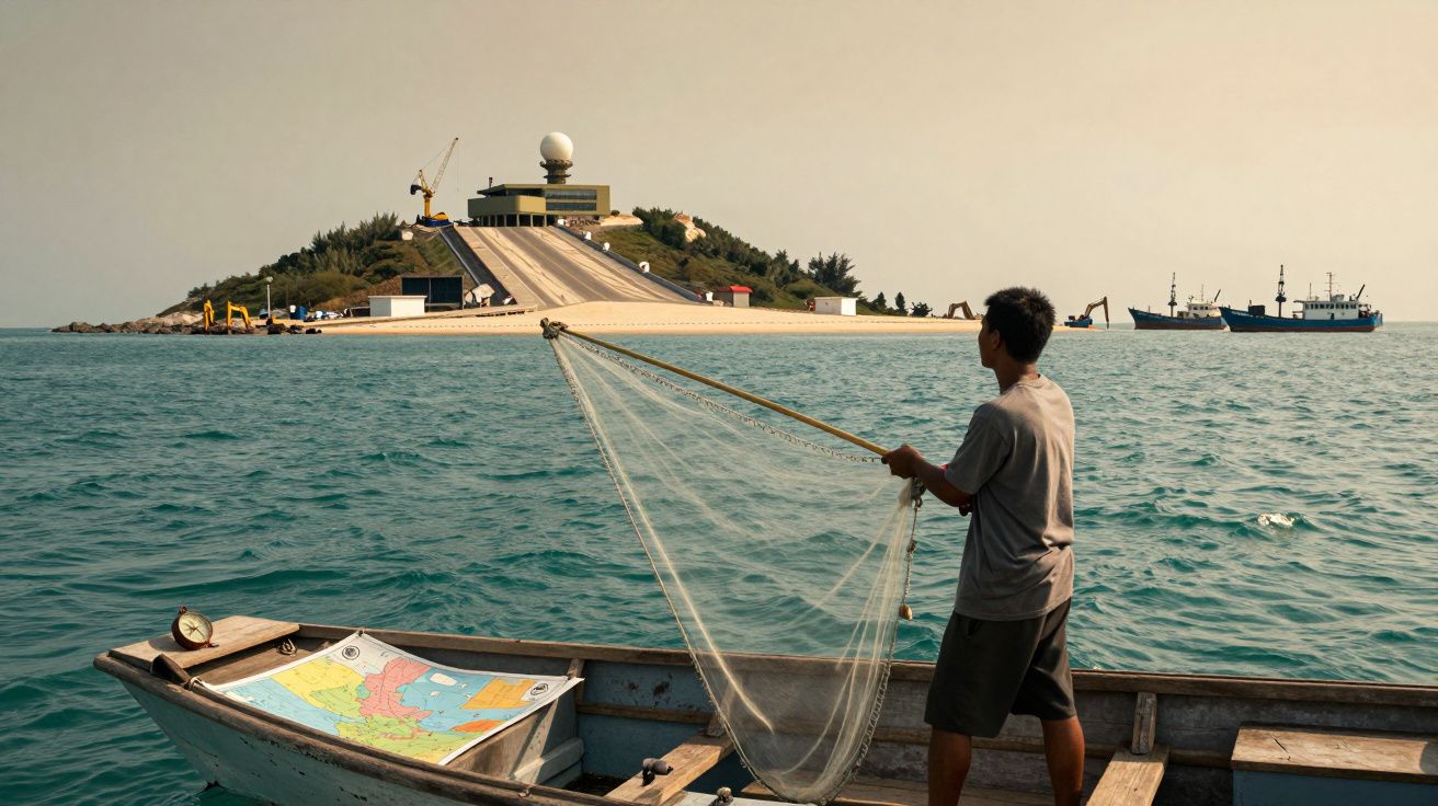 Homem de pé numa pequena embarcação a lançar rede de pesca com ilha e barcos ao fundo.