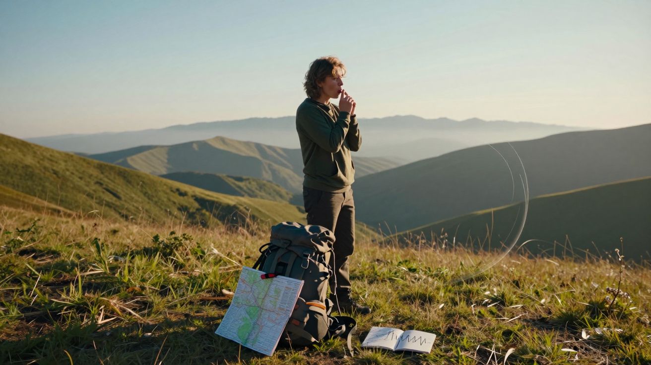 Pessoa em roupas de caminhada a tocar pote e fumar junto a mochila com mapa, em cume de montanha ao nascer do sol.