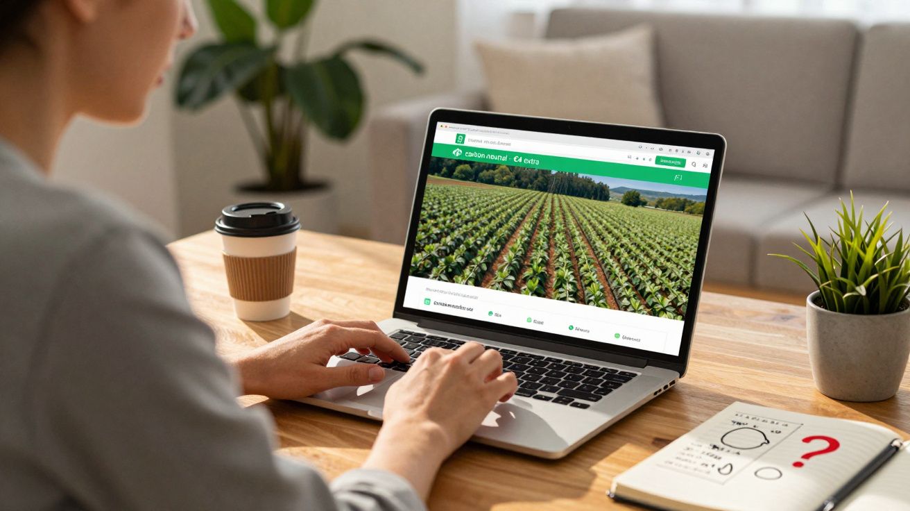 Pessoa a usar portátil com imagem de campo agrícola ecológico e livro de notas numa mesa de madeira.