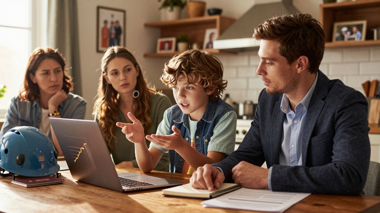 Criança explica algo a um grupo de adultos numa reunião à volta de uma mesa com portátil.