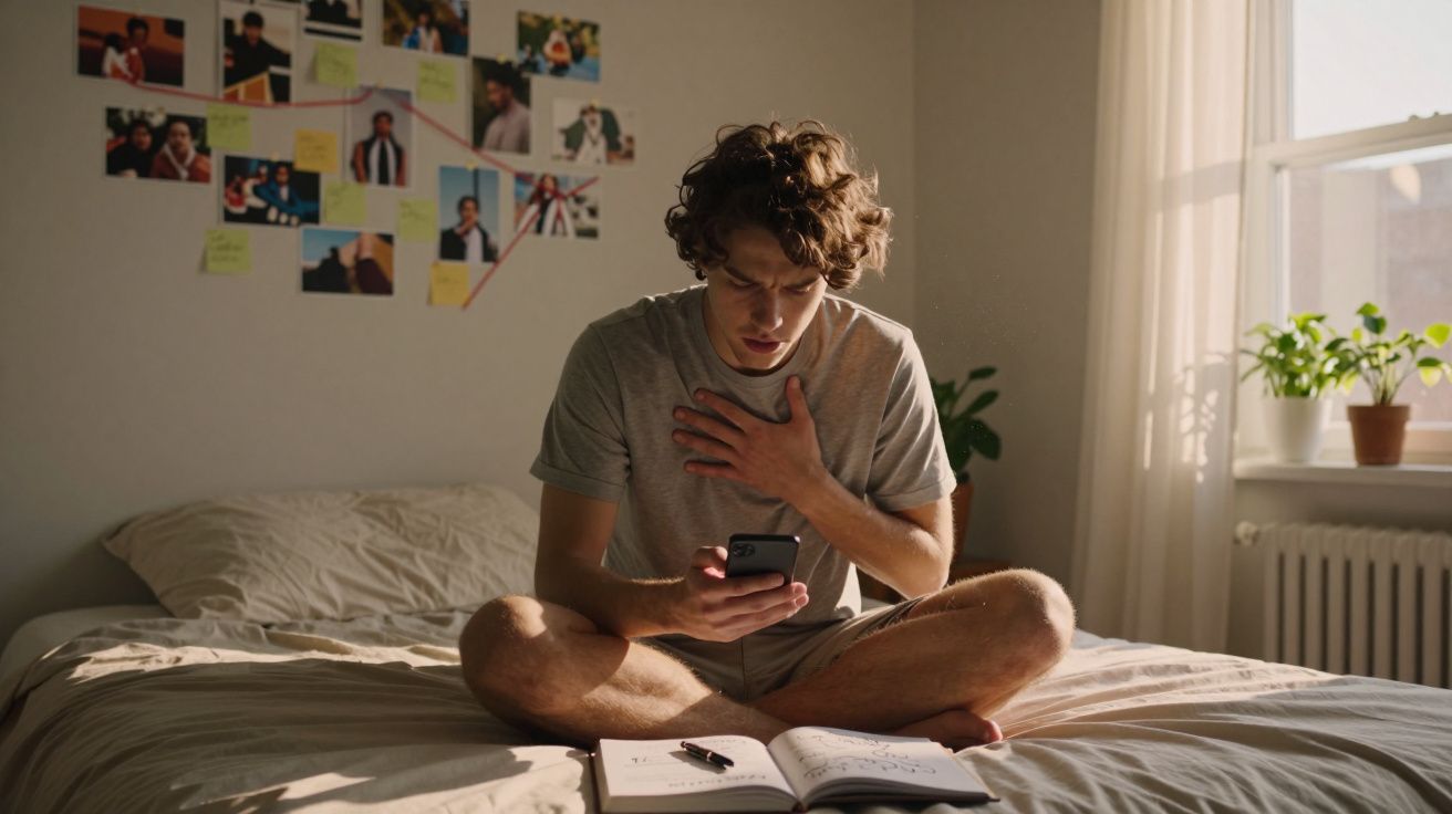 Jovem sentado na cama, preocupado, a olhar para o telemóvel com um caderno aberto à sua frente.