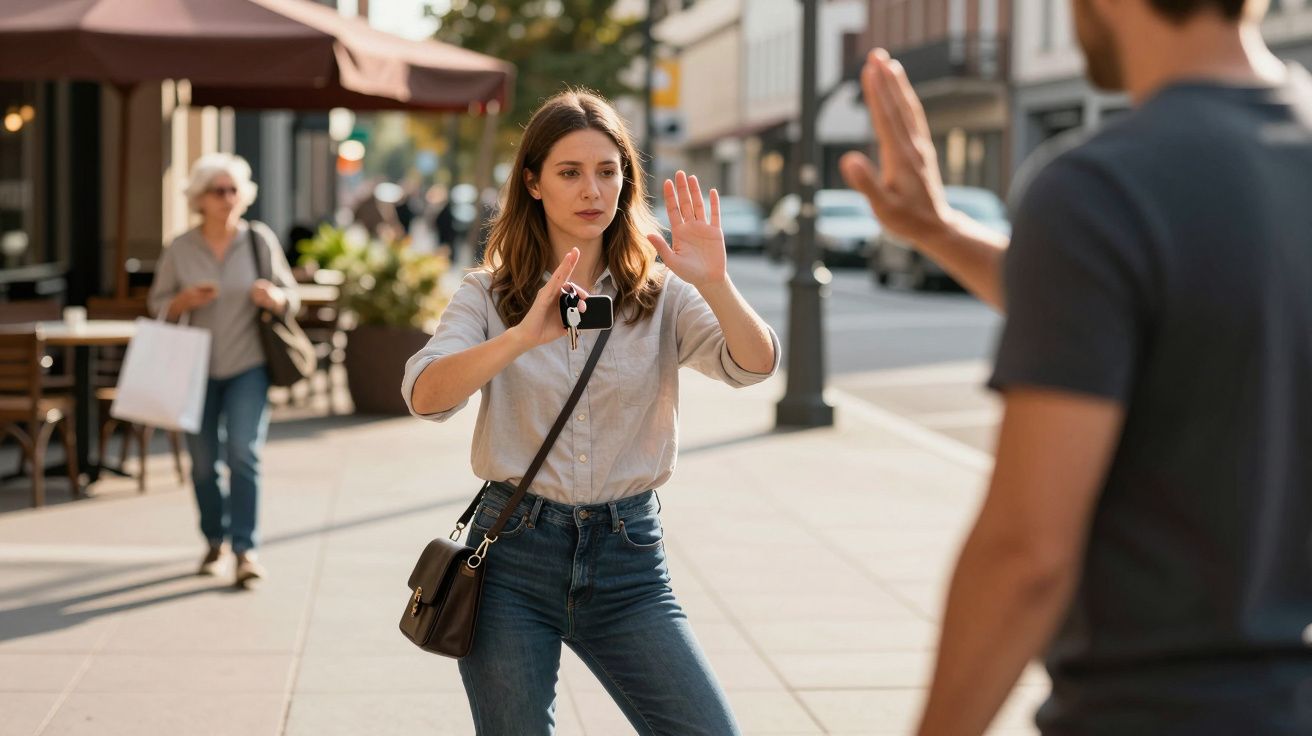 Mulher com expressão séria sinaliza para homem parar numa rua urbana durante o dia.