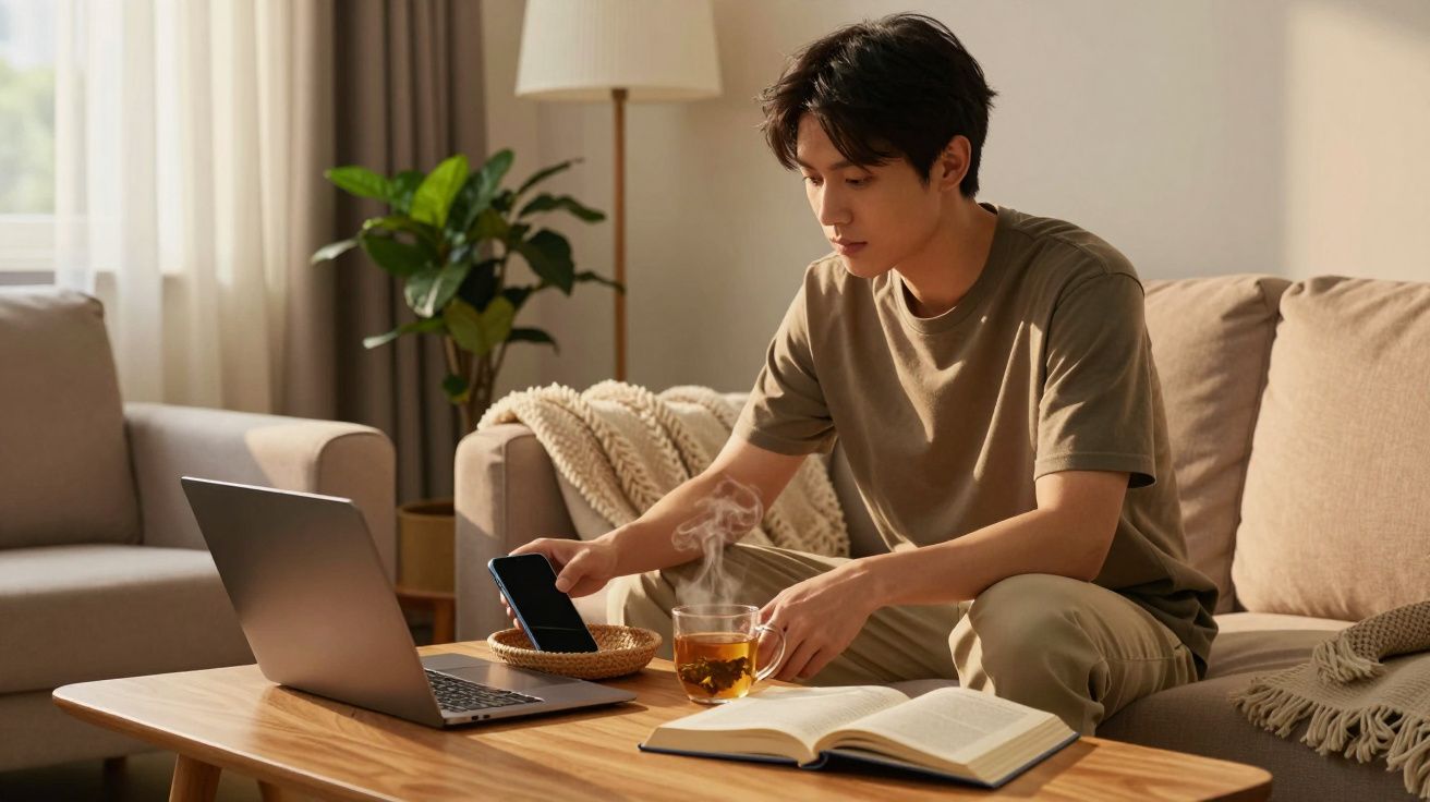 Homem sentado no sofá a guardar telemóvel enquanto bebe chá e tem livro e computador à sua frente.