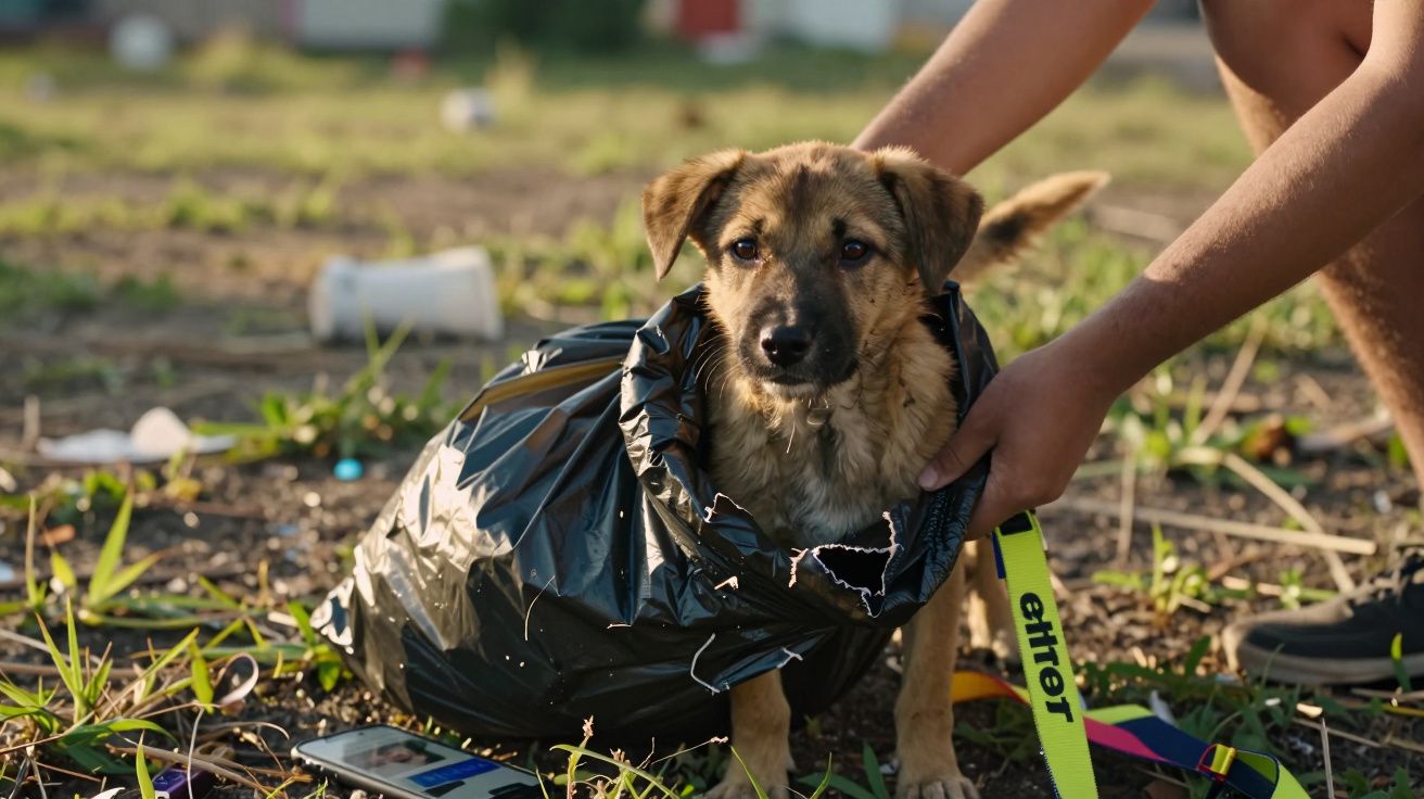 Cão pequeno dentro de saco de lixo preto sendo segurado por duas mãos em área suja ao ar livre.