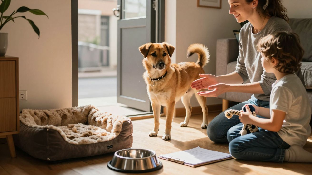 Mulher e menino interagem com cão em sala iluminada com cama e comedouro para animal de estimação.