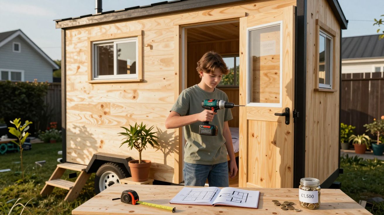 Rapaz a usar aparafusadora em pequeno edifício de madeira no jardim, com mesa, plantas e ferramentas à frente.