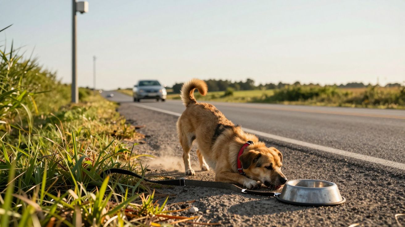 Cão castanho a beber água numa estrada asfaltada com carros ao fundo e vegetação ao lado.