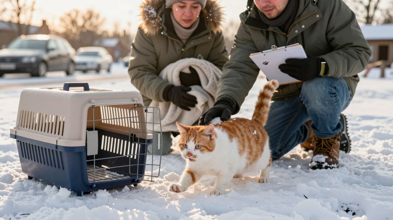 Homem e mulher inspecionam gato tigrado a sair de transportadora na neve durante inspeção ao ar livre.