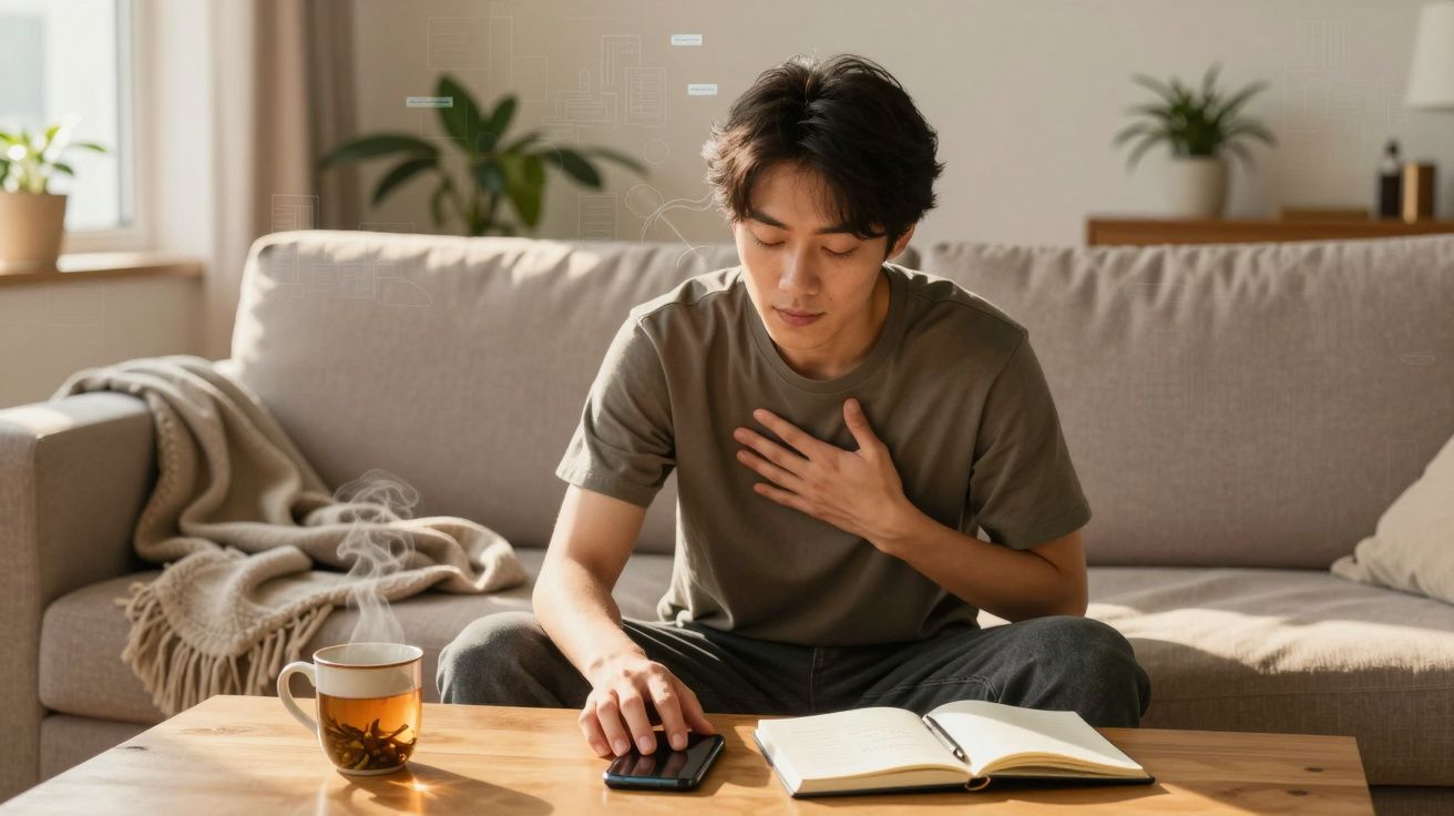 Homem sentado no sofá com chá e caderno, a olhar para o telemóvel com a mão no peito.