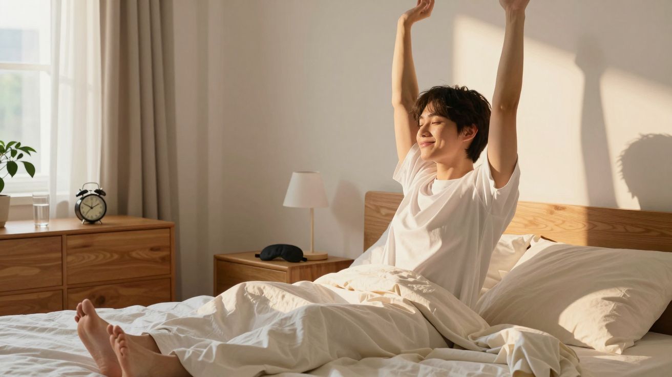 Pessoa a espreguiçar-se na cama ao acordar numa manhã ensolarada.