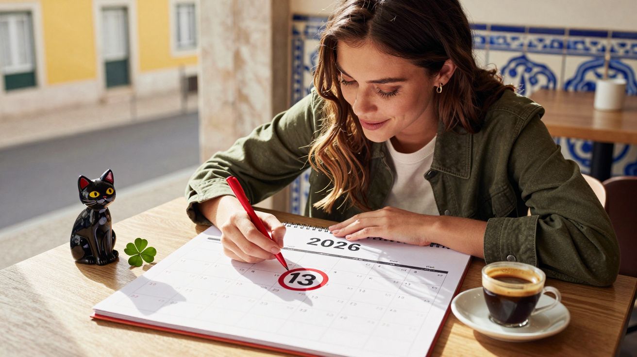 Mulher a riscar a data 13 num calendário de 2026 numa mesa com café e trevo de quatro folhas.