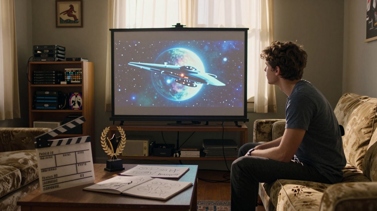 Rapaz sentado num sofá a ver filme de nave espacial numa sala com luz natural e objetos de cinema.