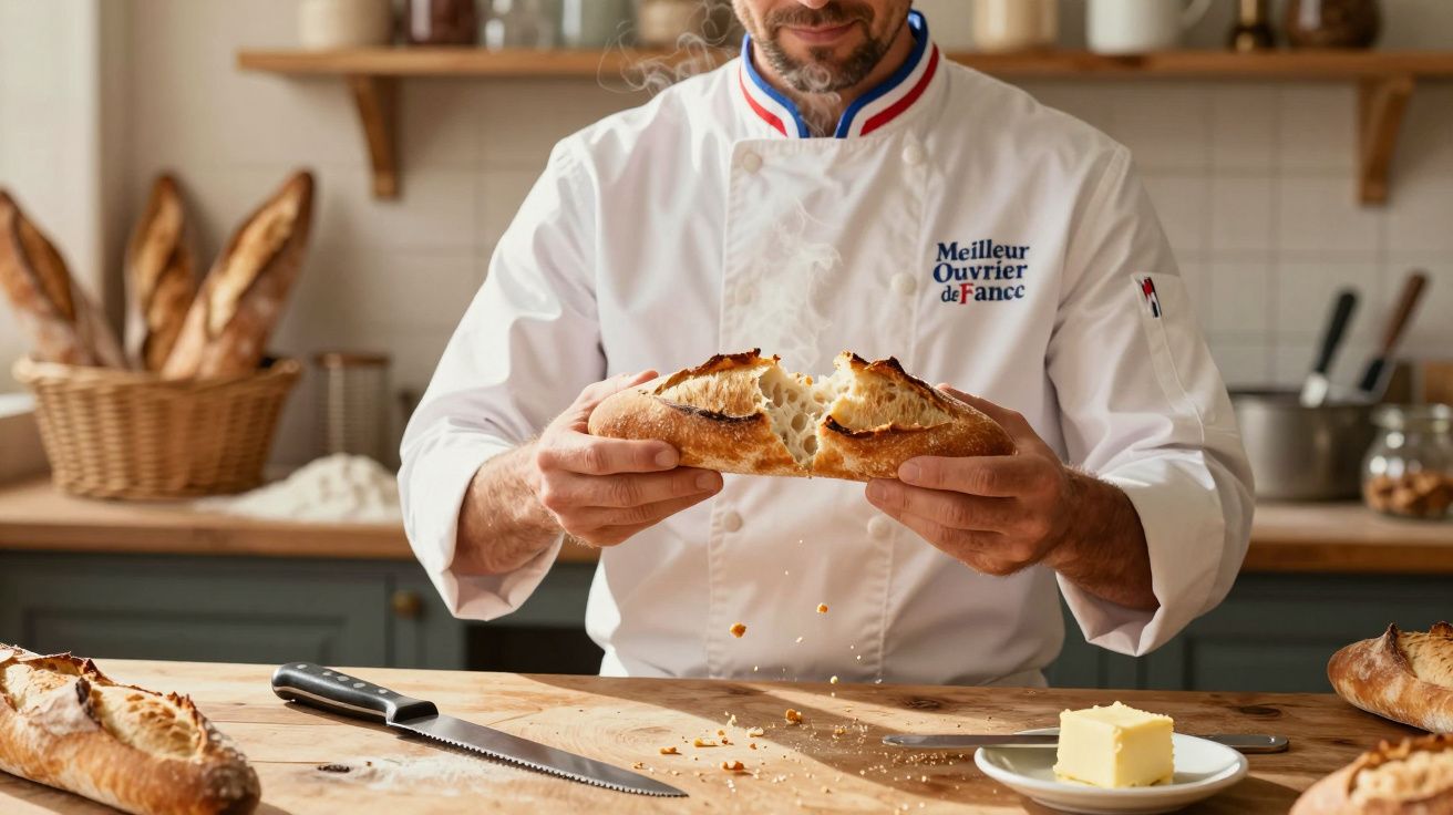 Padeiro profissional a partir ao meio um pão rústico fresco numa cozinha com ingredientes ao fundo.