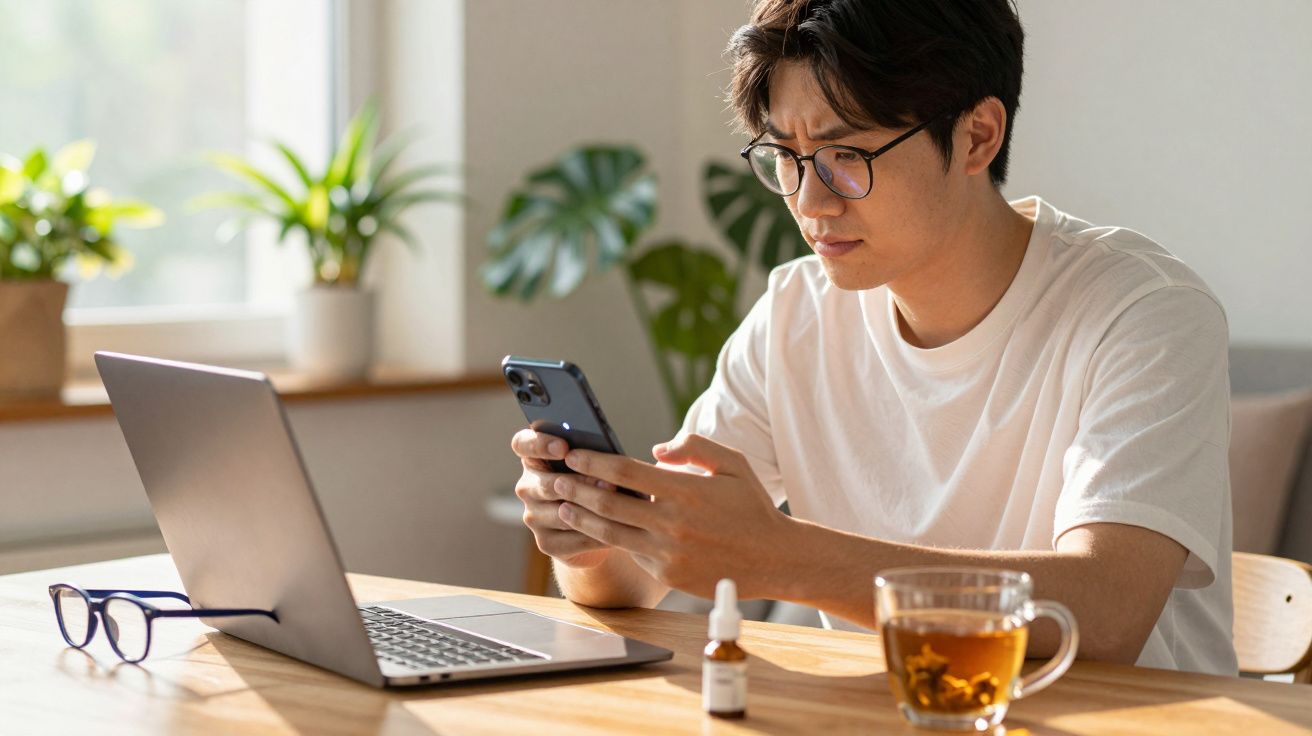 Homem concentrado a usar telemóvel sentado numa mesa com portátil, chá e gotas medicinais num ambiente iluminado.