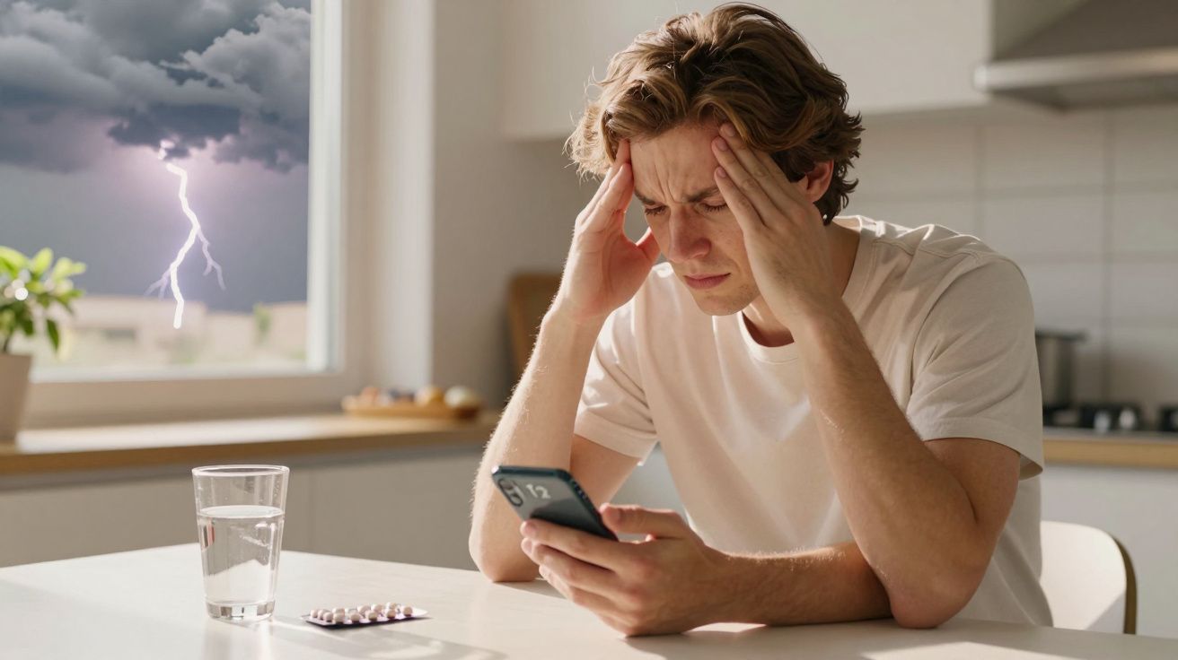 Homem preocupado com dores de cabeça consulta telemóvel enquanto trovoada ocorre fora da janela.