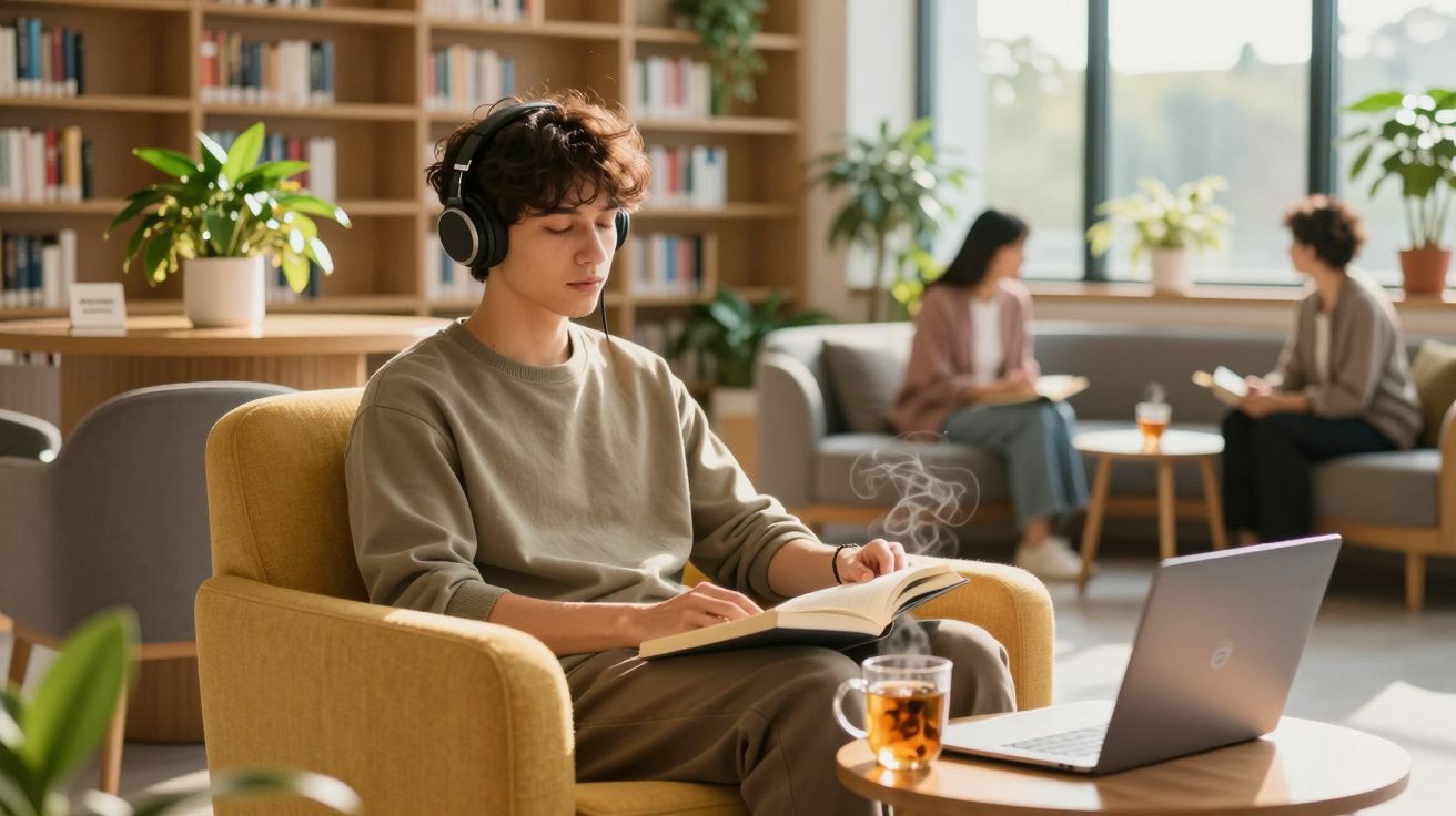 Jovem sentado numa poltrona a ler livro e ouvir música com auscultadores numa biblioteca moderna iluminada.